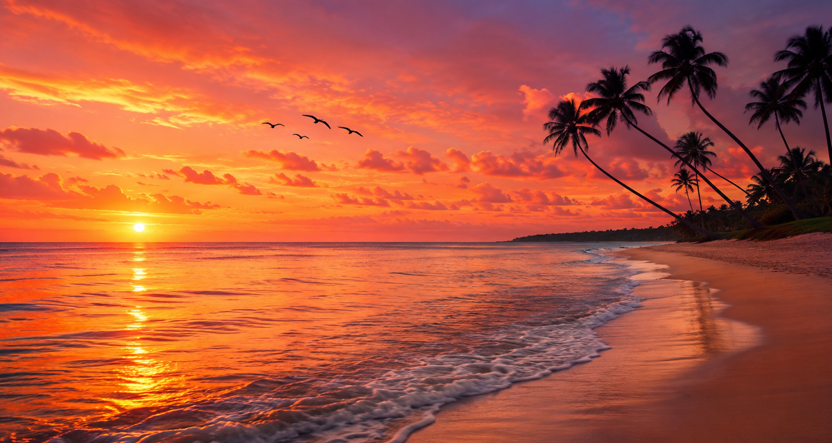Sunset beach with palm trees